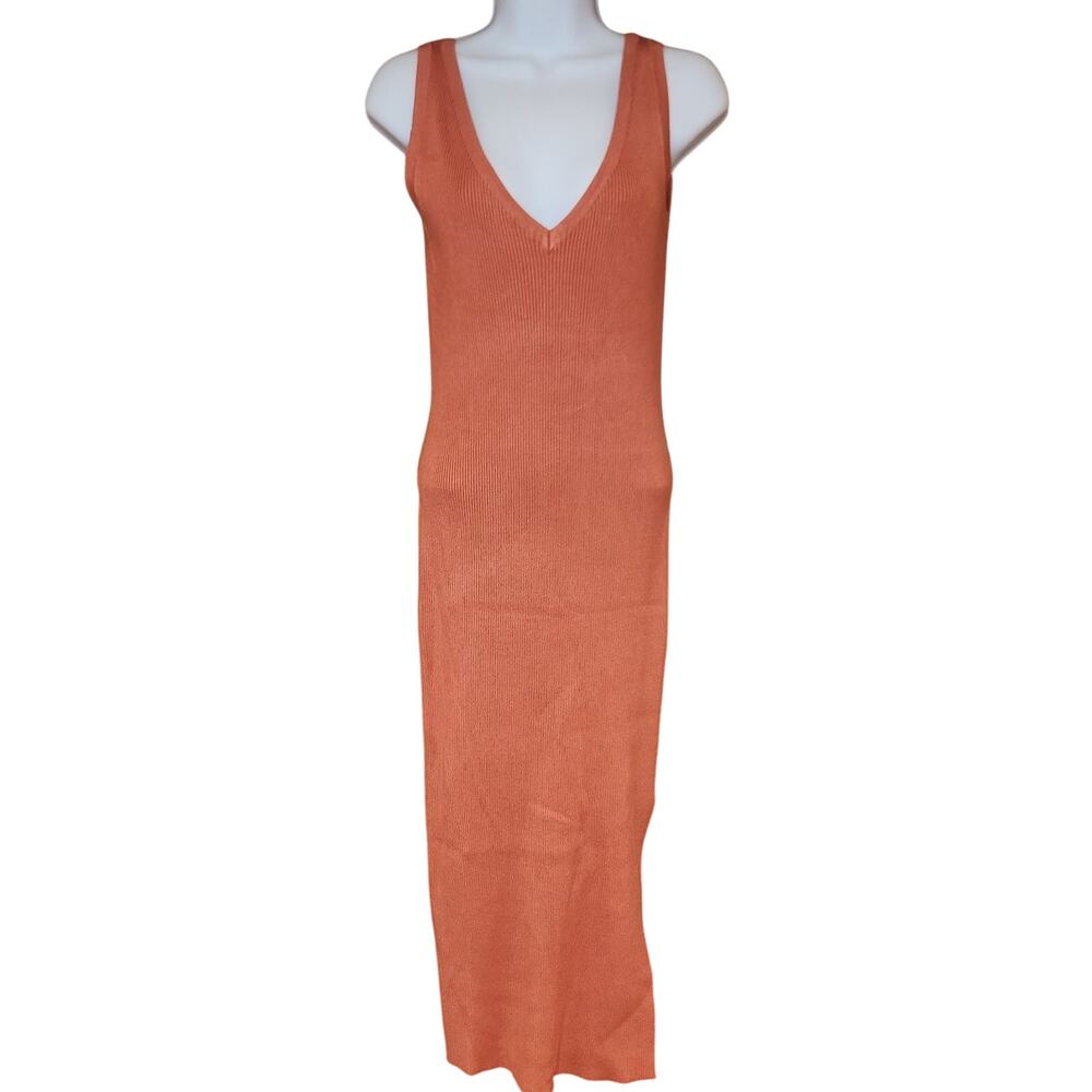 House Of Harlow 1960 Vneck Ribbed Knit Coral Orange Midi Dress With Slit‎ Sz Sm